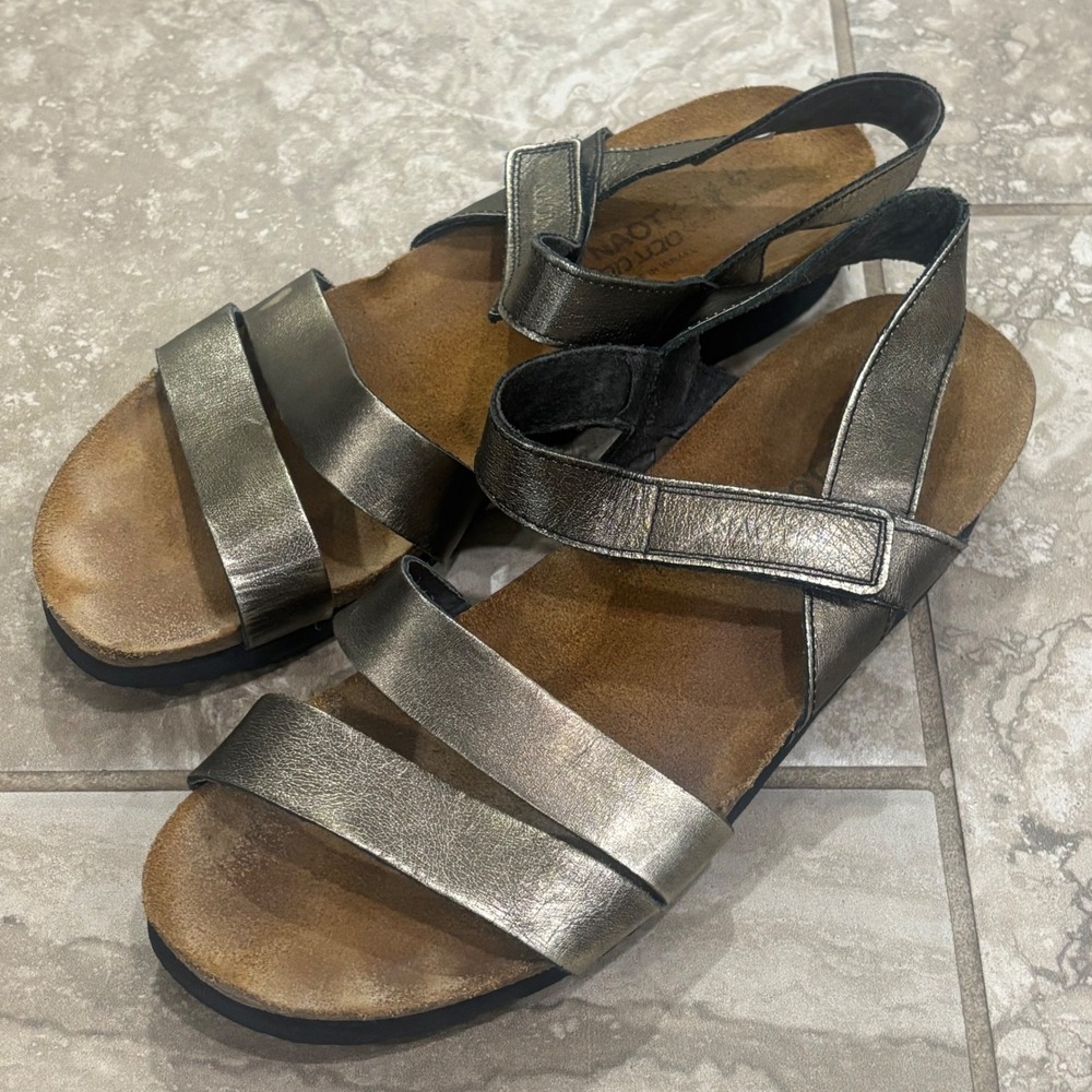 Naot‎ Kayla Metallic Pewter Leather Strappy Slingback Comfort Sandals Womens L10